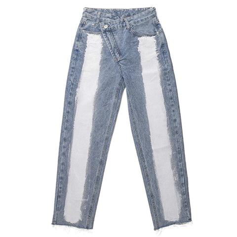 High Waist White Block Irregular Jeans Pants