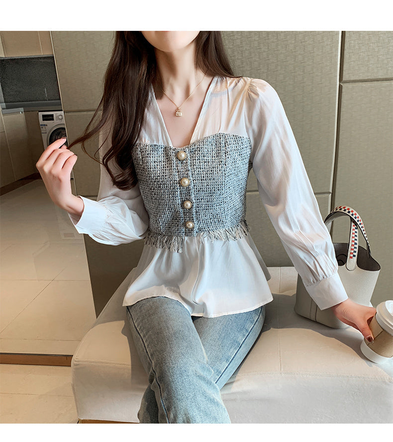 V-Neck Tassel Spliced Chiffon Office Blouse Shirt