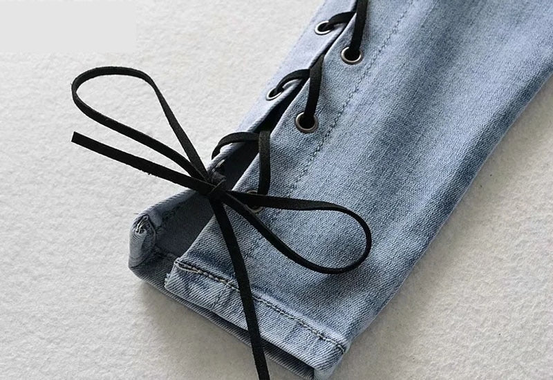 Sexy Skinny-Long-Jeans mit hoher Taille und seitlicher Schnürung