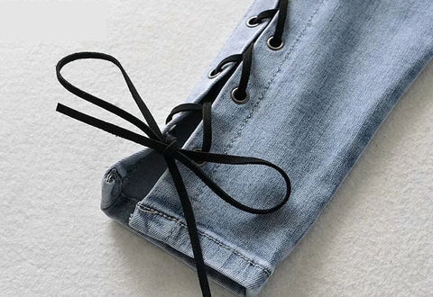 Sexy Skinny-Long-Jeans mit hoher Taille und seitlicher Schnürung