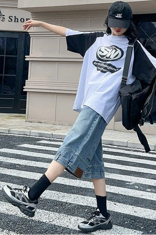 Loose Reversed Style Mid Length Jeans Pants