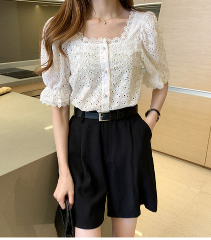 Lace Hollow Out Vintage Square Collar Shirt