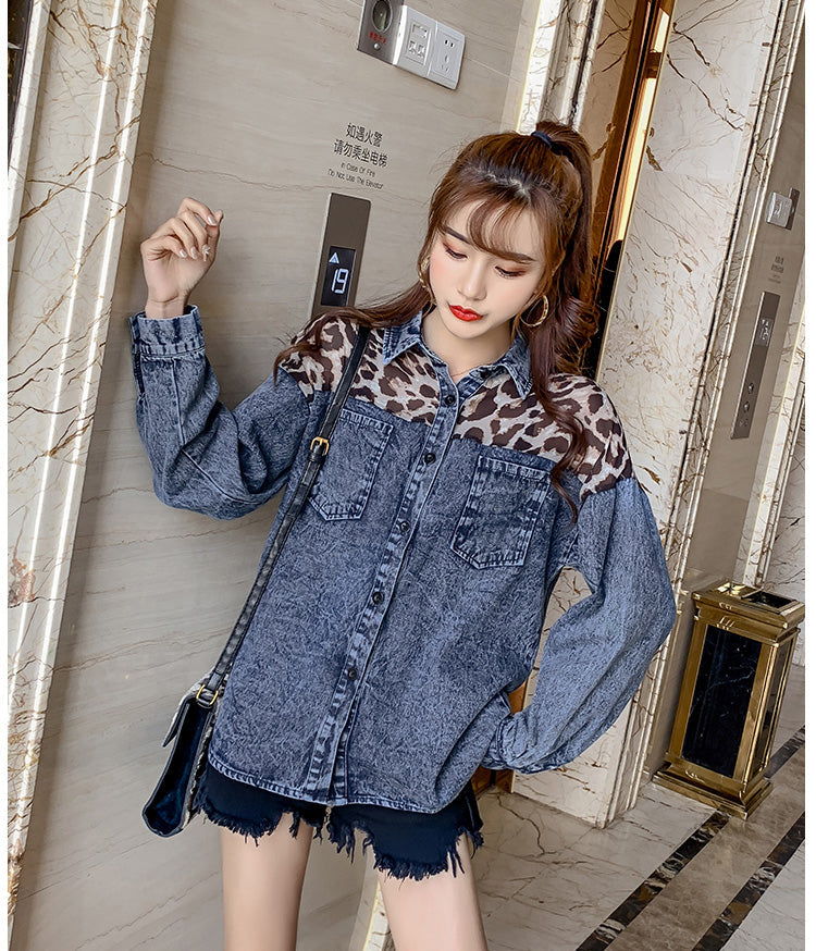 Leopard Stitching Casual Denim Jacket