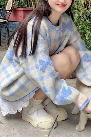 Long Sleeve Bow Plaid Knitted Cardigan Sweater