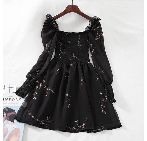 Sexy Flower Puff Sleeve Chiffon Black Dress