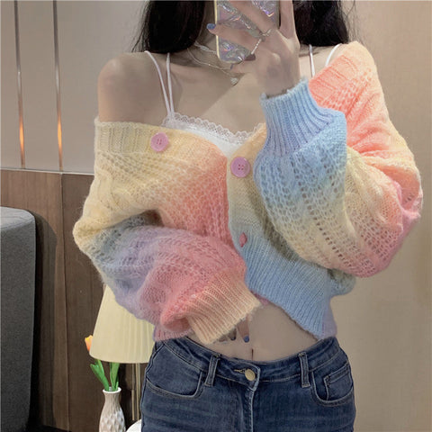 Retro Gradient Colors Crop Knitted Sweater