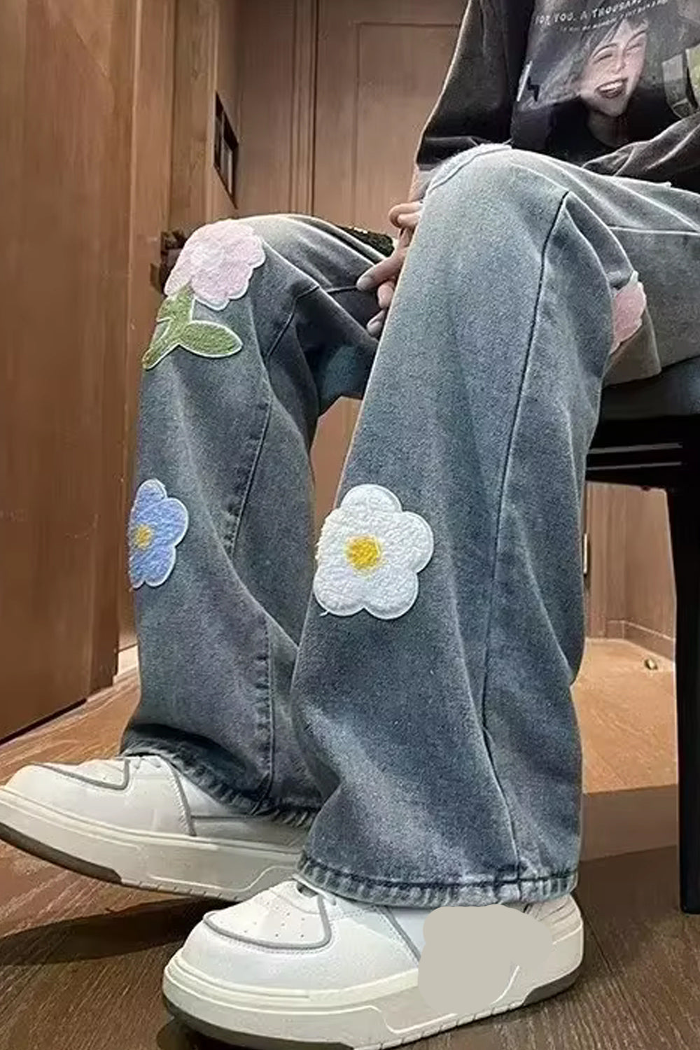 Casual Floral Embroidered Men Jeans Pants