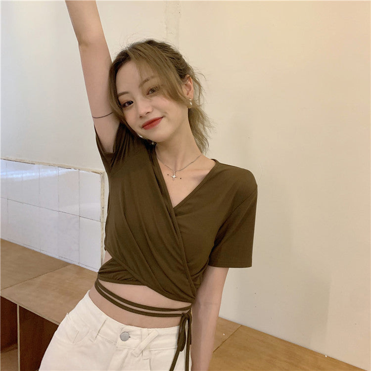 V-Neck Short Sleeve Strap Slim Crop Tops