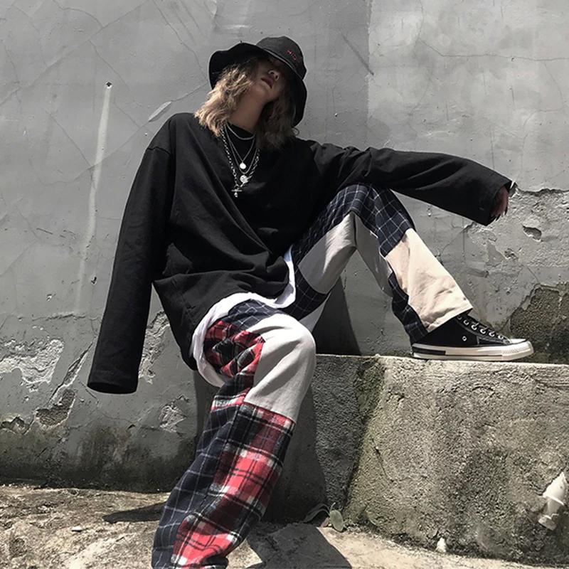 High Waist Plaid Block Color Pants