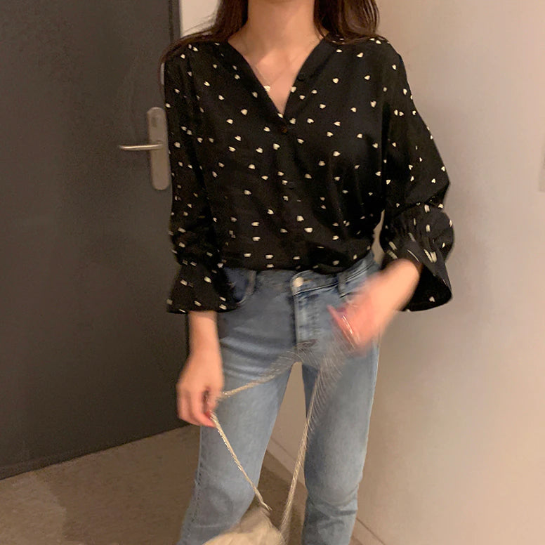 Cute Love Pattern Printed Elegant Blouse Shirt