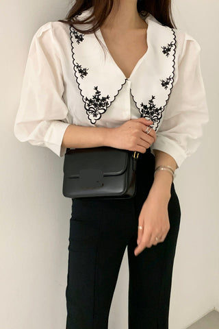 Elegant Floral Embroidered Retro Collar Blouse Shirt