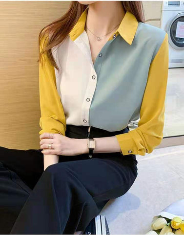 Long Sleeve Elegant Colors Combination Office Blouse Shirt