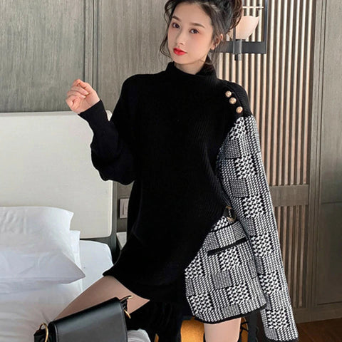 Retro Turtleneck Plaid Combination Knitted Sweater