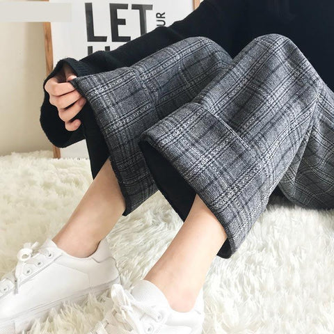 High Waist Ankle Length Woolen Plaid Pants