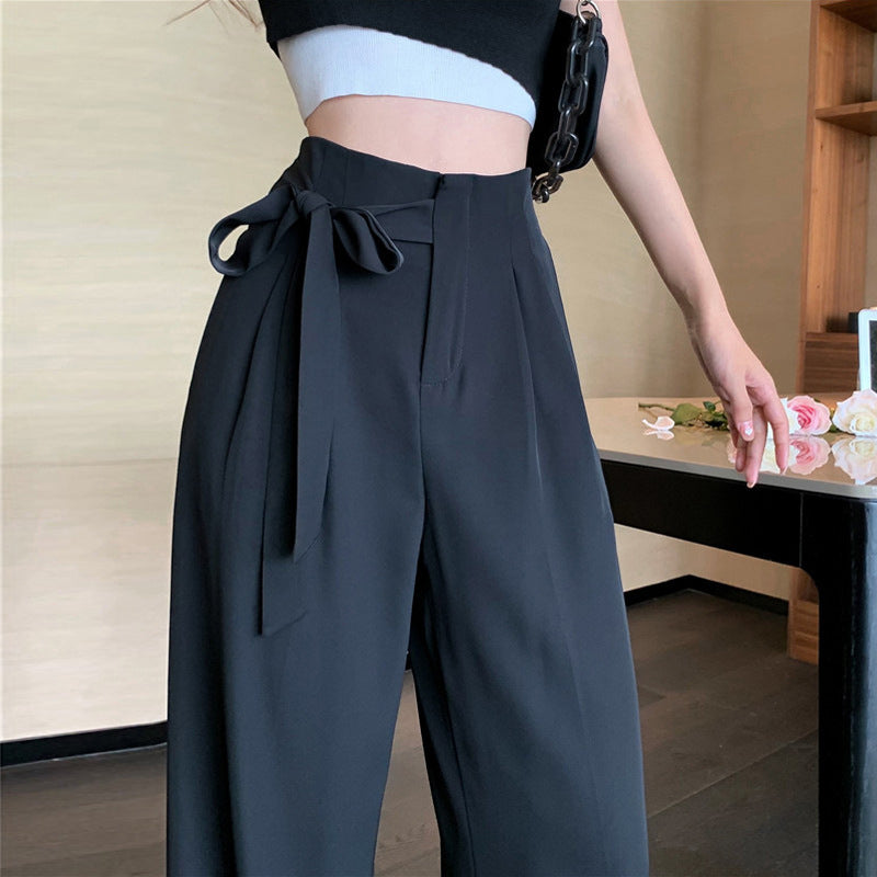 High Waist Loose Side Rope Tie Office Long Pants