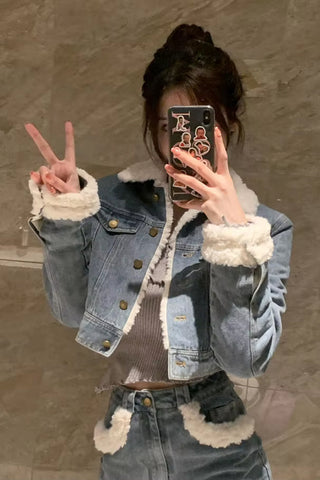 Two Piece Warm Crop Denim Jacket With Mini Denim Skirt Outfit Set