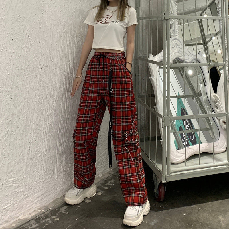 High Waist Red Plaid Hip Hop Loose Pants
