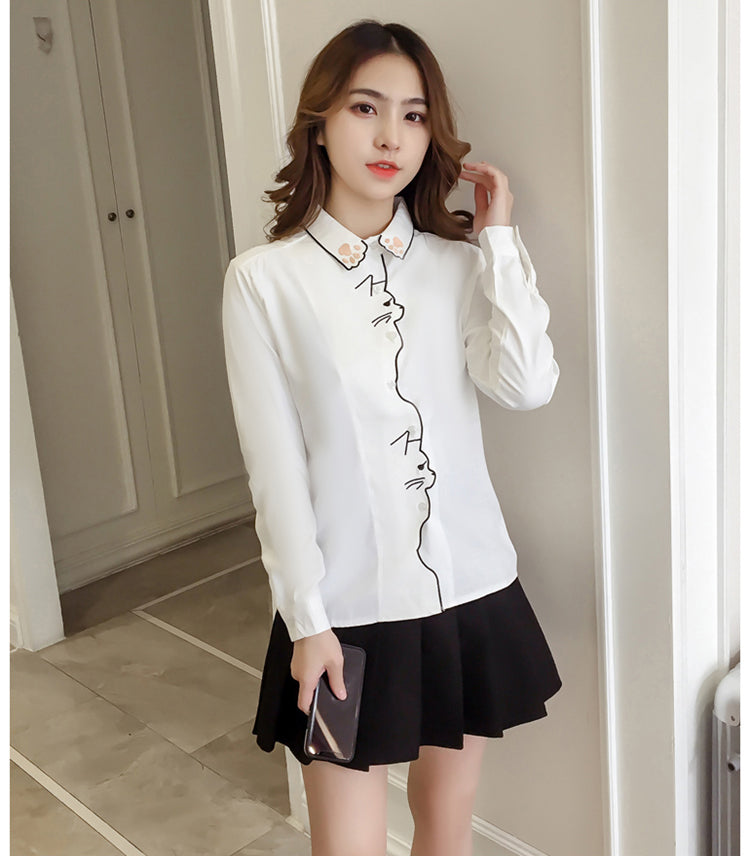 Cat Pattern Embroidered Long Sleeve Shirt