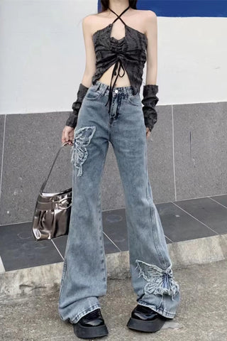 High Waist Lace Butterfly Pattern Jeans Pants