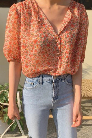 Half Sleeve Retro Flowers Chiffon Blouse Shirt