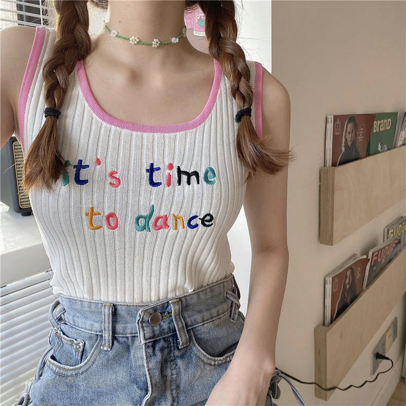 Strick-Crop-Tops mit Buchstabenstickerei „It's Time To Dance“