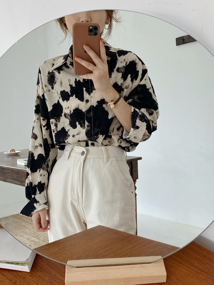 Long Sleeve Cow Printed Blouse Shirt