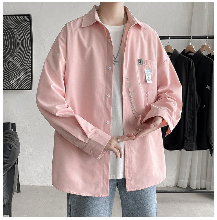 Long Sleeve Loose Casual Men Shirt With Chain