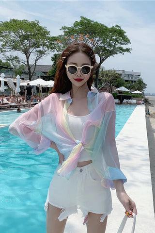 Rainbow Colors Sexy Transparent Blouse Shirt