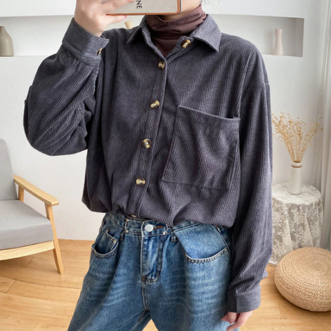 Button Up Solid Corduroy Loose Shirt