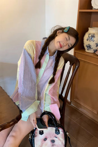 Long Sleeve Candy Colors Striped Blouse Shirt