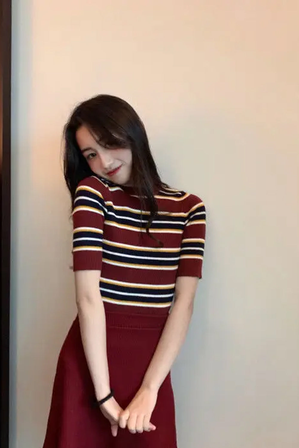 Short Sleeve O-Neck Stripped Slim Shirt