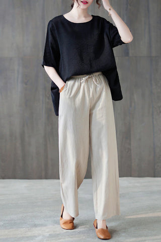 Vintage Linen Elastic Waist Wide Leg Pants