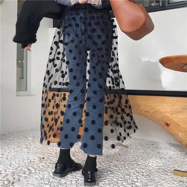 High Waist Jeans With Tulle Polka Dot