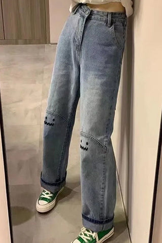 Cute Monster Emoji Embroidered Jeans Pants