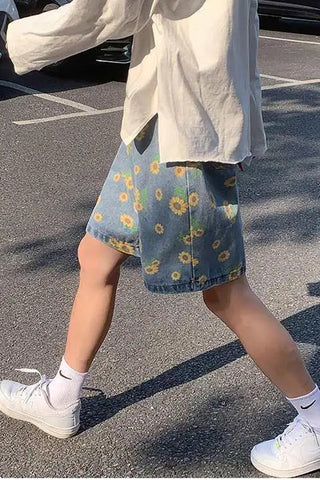 Casual Sun Flower Pattern Denim Men Shorts Pants
