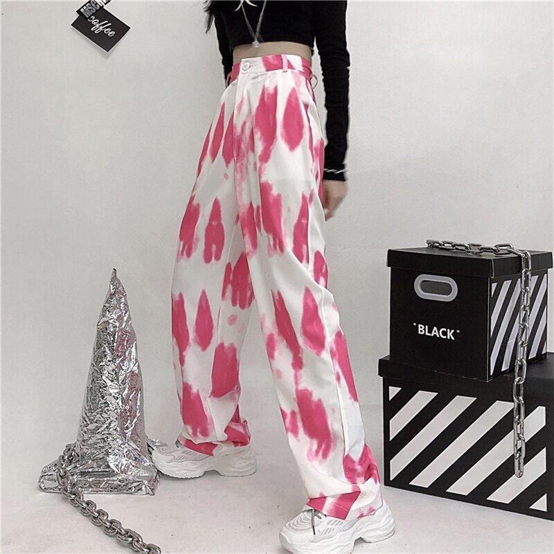 Pantalones casuales de cintura alta con efecto tie-dye