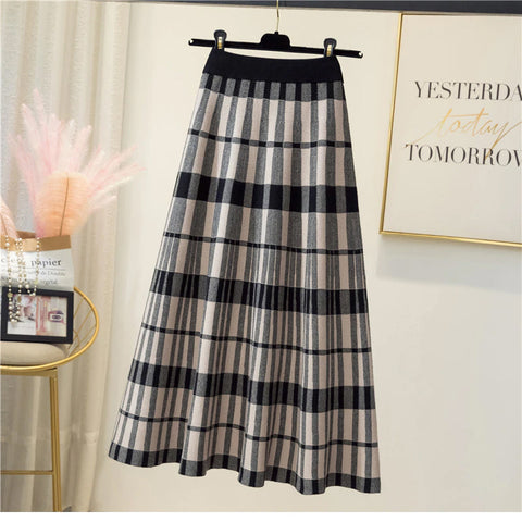 Vintage Plaid Elegant Knitted Long Skirts