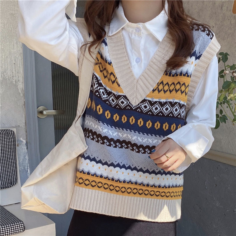 Retro V-Neck Geometric Pattern Vest Sweater