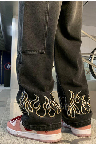 Flame Embroidered Hip Hop Jeans Pants