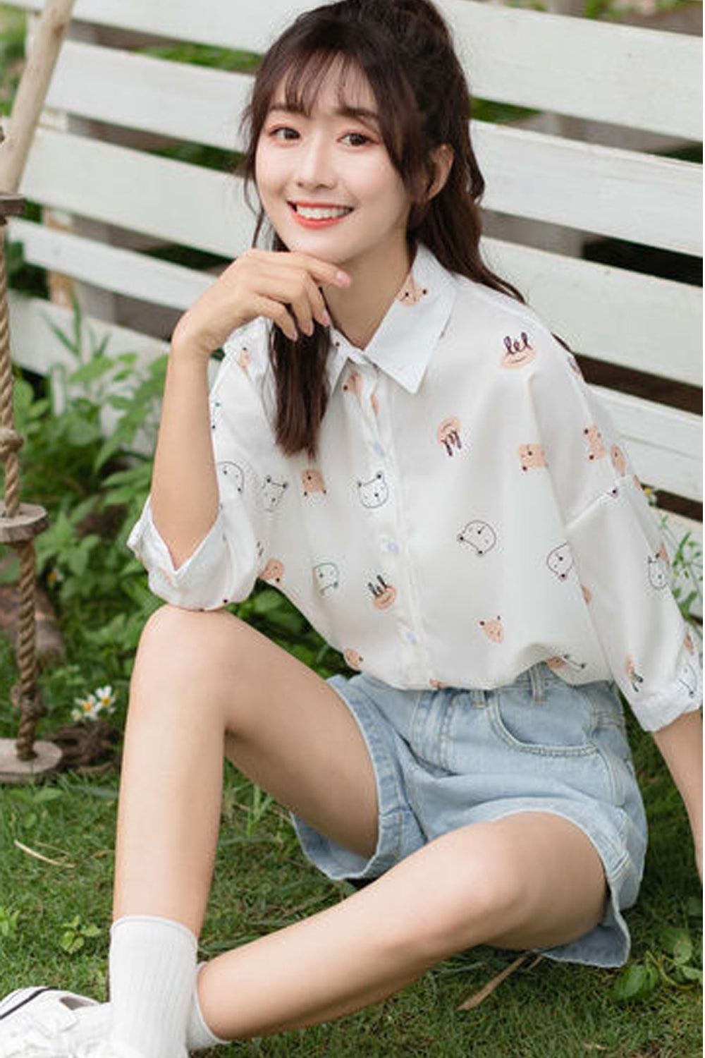 Cat Cartoon Printed Half Sleeve Length Loose Shirt