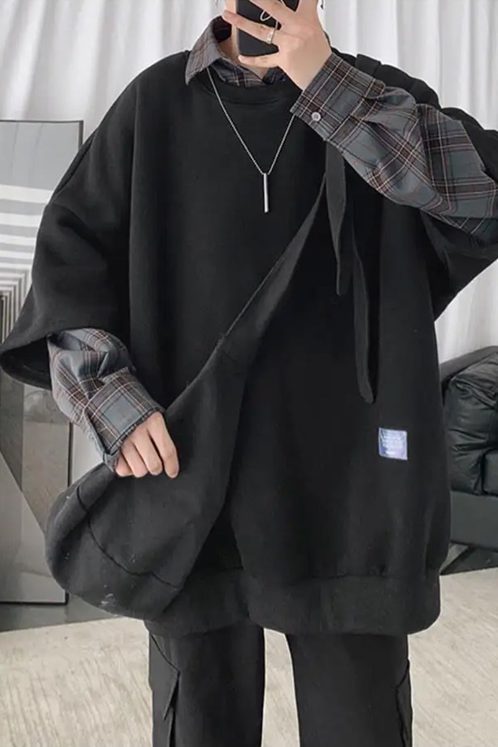 Long Sleeve Hip Hop Two Style Plaid Sweatshirt
