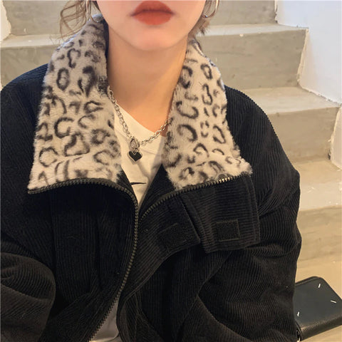 Leopard Collar Loose Warm Corduroy Jacket