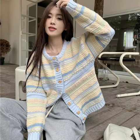 Long Sleeve Striped Mixed Colors Cardigan Sweater