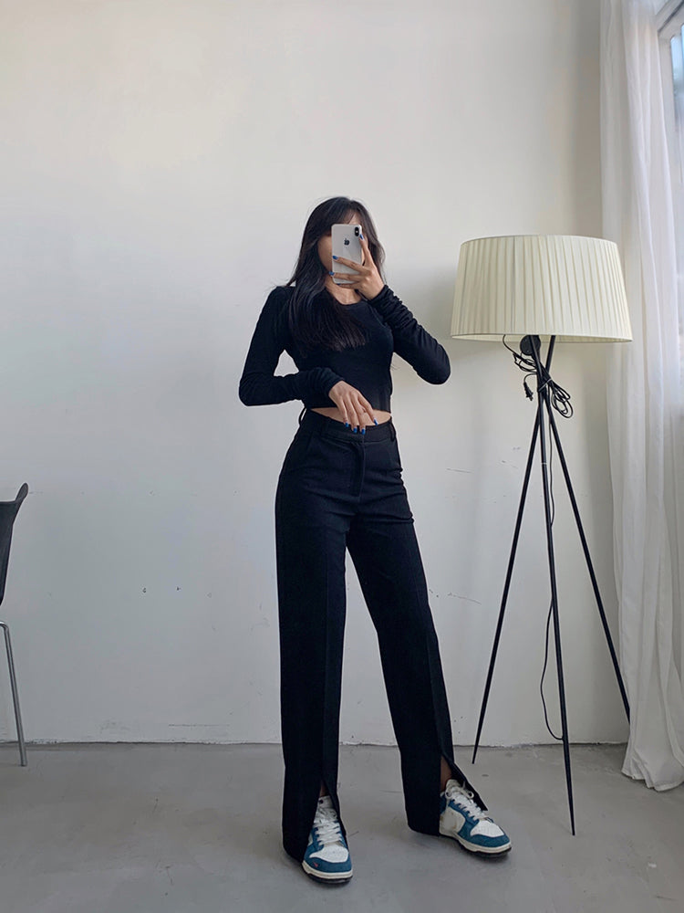 High Waist Split Leg Black Jeans Pants
