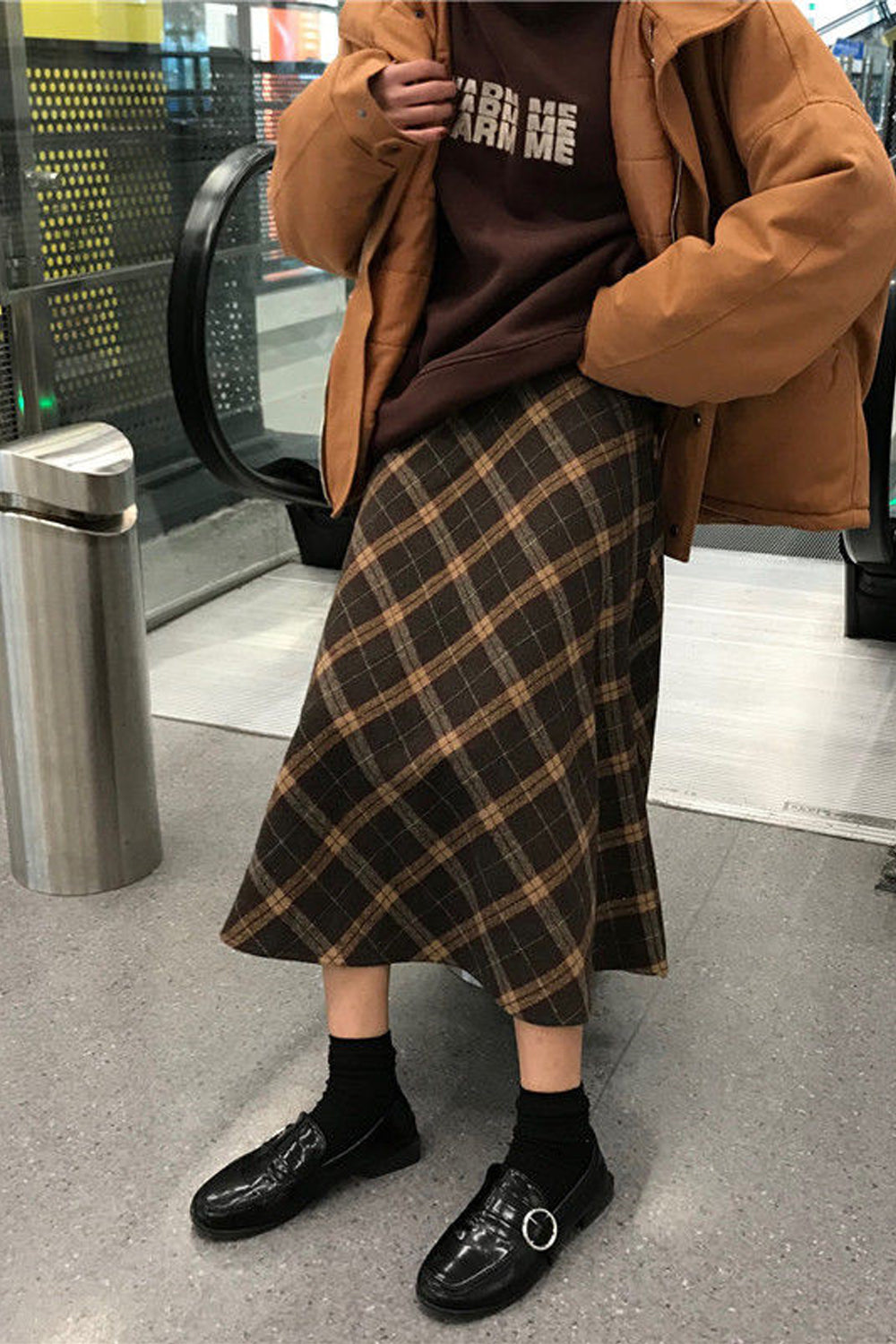 High Waist Wool Plaid Long Skirts