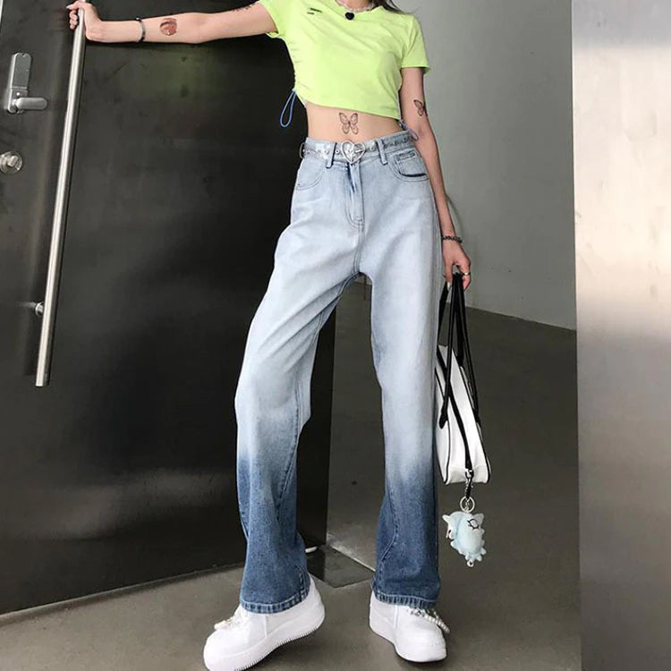 High Waist Long Blue Gradient Jeans Pants