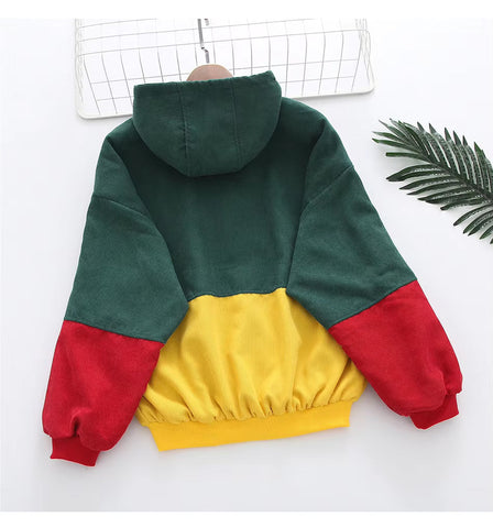 Long Sleeve Cute Colors Combination Hooded Corduroy Jacket