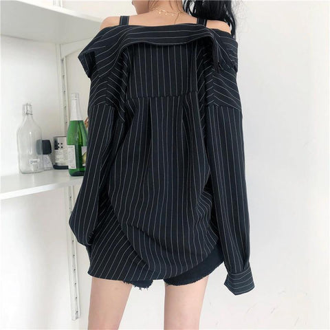 Black Strap Vertical Stripe Off Shoulder Long Sleeve Shirt