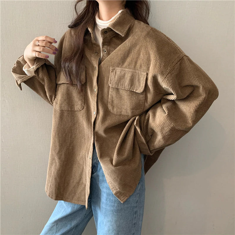 Long Sleeve Pockets Corduroy Loose Shirt