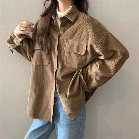 Long Sleeve Pockets Corduroy Loose Shirt